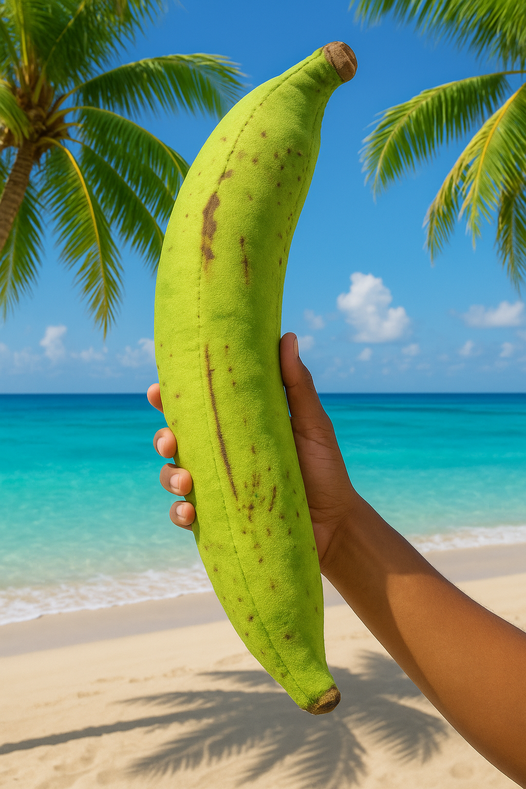 Person holding a green plantiain with a beach and palm trees in the background